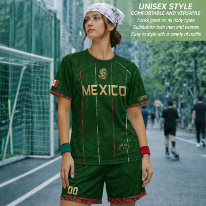 Custom Mexico Soccer Jersey – Green Aztec Pattern Striped Football Shirt with Custom Name Number