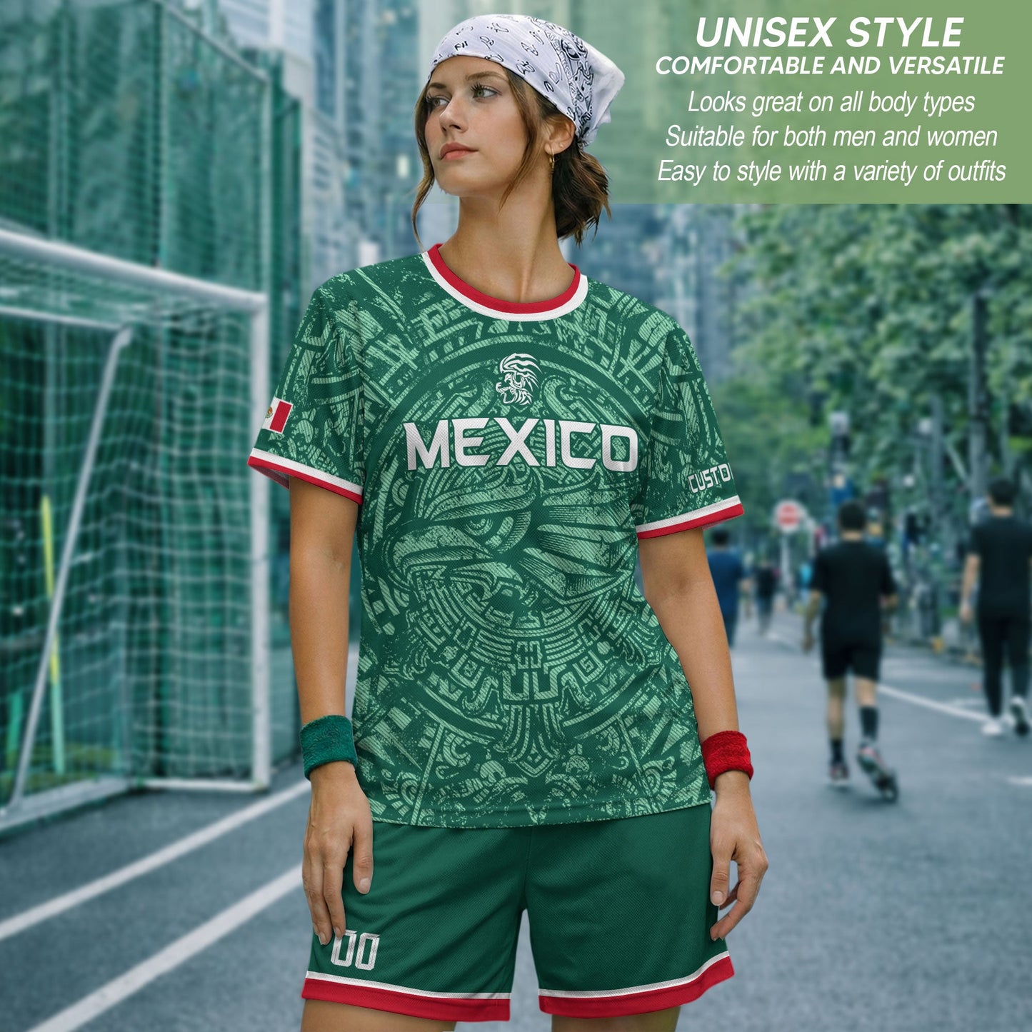 Mexico Soccer Jersey Custom Name - Green Aztec Calendar & Eagle Heritage Football Shirt