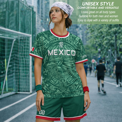 Mexico Soccer Jersey Custom Name - Green Aztec Calendar & Eagle Heritage Football Shirt