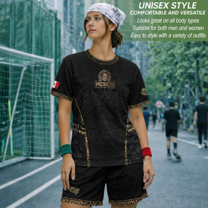 Mexico Soccer Jersey Aztec Sun Calendar Black Gold Football Shirt for Fans