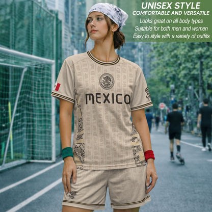 Beige Mexico Soccer Jersey Aztec Heritage Pattern Mexican Football Shirt Unisex