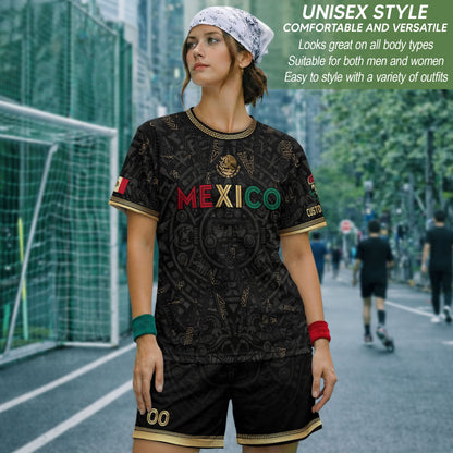 Personalized Mexico Soccer Jersey Black Aztec Calendar Men Mexican Football Shirt Flag