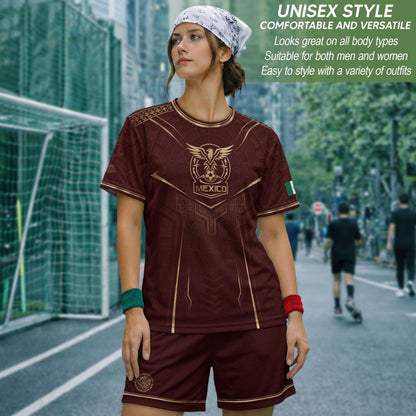 Mexico Soccer Jersey Men Maroon Aztec Pattern Football Shirt Classic Fan Wear