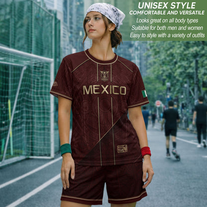 Mexico Soccer Jersey Men Maroon Gold Heritage Football Shirt Aztec Style Top