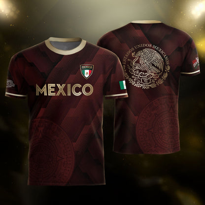 Mexico Burgundy Soccer Jersey with Golden Aztec Sunstone and Eagle Crest