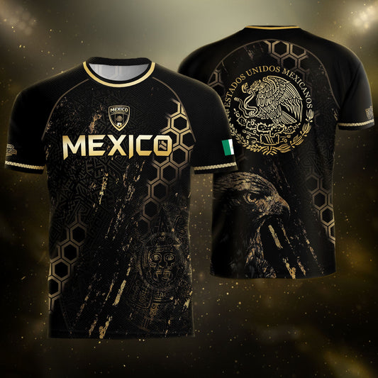 Mexico Heritage Orgullo Mexicano Black Gold Eagle Hexagon Pattern Soccer Jersey