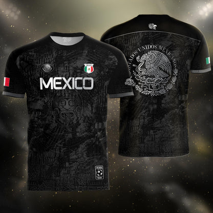 Mexico Heritage Black Silver Distressed Style Aztec Empire Pride Graphic Soccer Jersey
