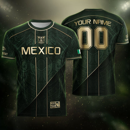 Mexico Soccer Jersey Personalized Name Number Green Aztec Sun Stone Design Kit