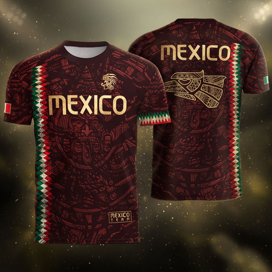 Mexico Soccer Jersey Maroon Gold Aztec Heritage - Mexico National Team Fan Football Shirt