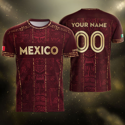 Mexico Soccer Jersey - Aztec Mayan Heritage Pattern - Personalized Maroon Football Shirt