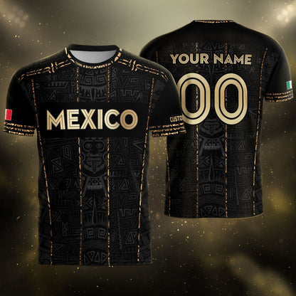 Mexico Soccer Jersey Custom Name - Aztec Heritage Black & Gold Tribal Football Shirt