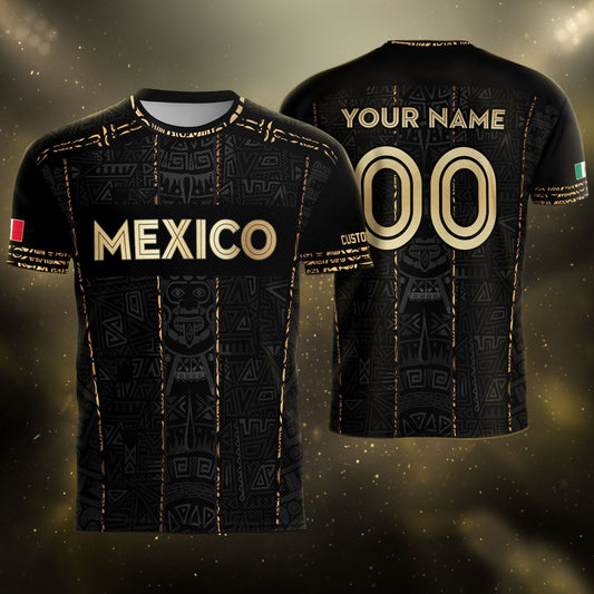 Mexico Soccer Jersey Custom Name - Aztec Heritage Black & Gold Tribal Football Shirt