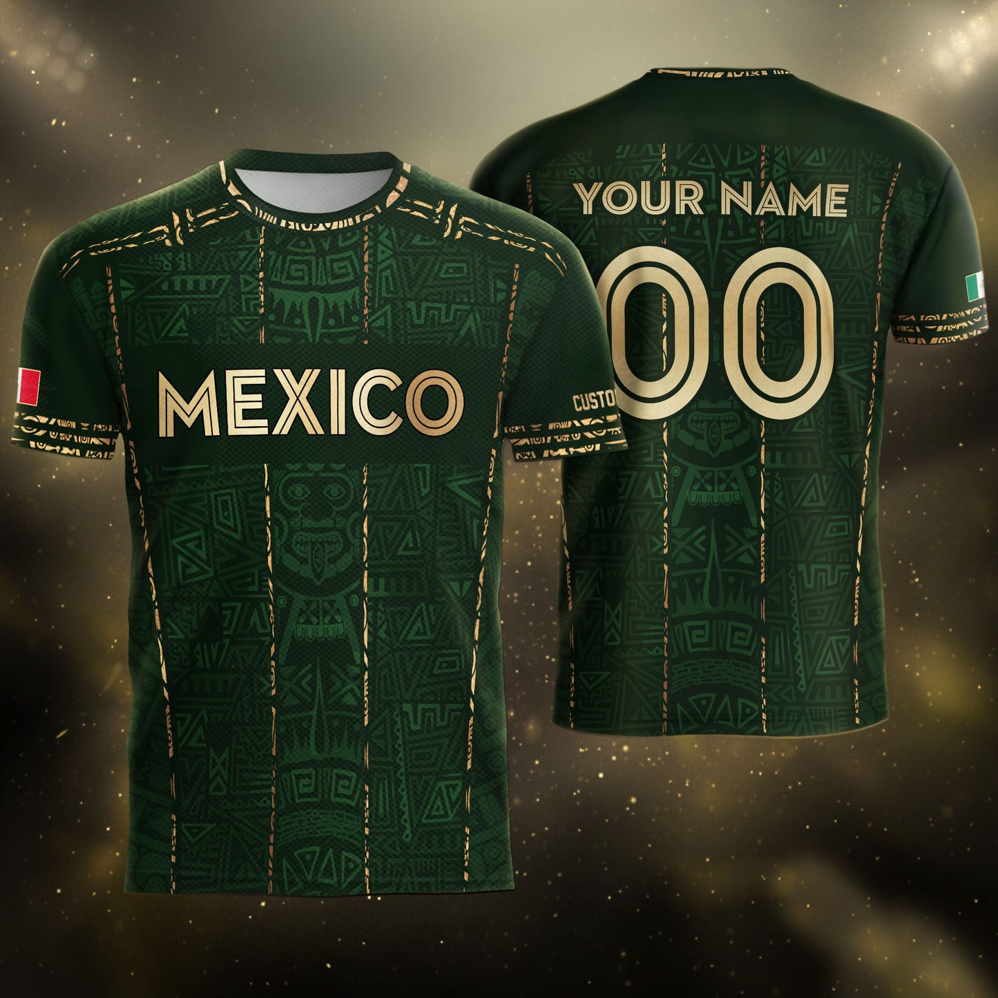 Mexico Soccer Jersey Custom Name - Green Aztec Heritage Pattern Tribal Football Shirt