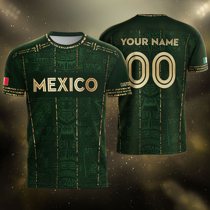 Mexico Soccer Jersey Custom Name - Green Aztec Heritage Pattern Tribal Football Shirt