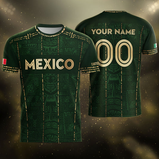 Mexico Soccer Jersey Custom Name - Green Aztec Heritage Pattern Tribal Football Shirt