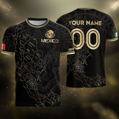 Mexico Soccer Jersey Custom Name - Black & Gold Mexico Map Heritage Football Shirt