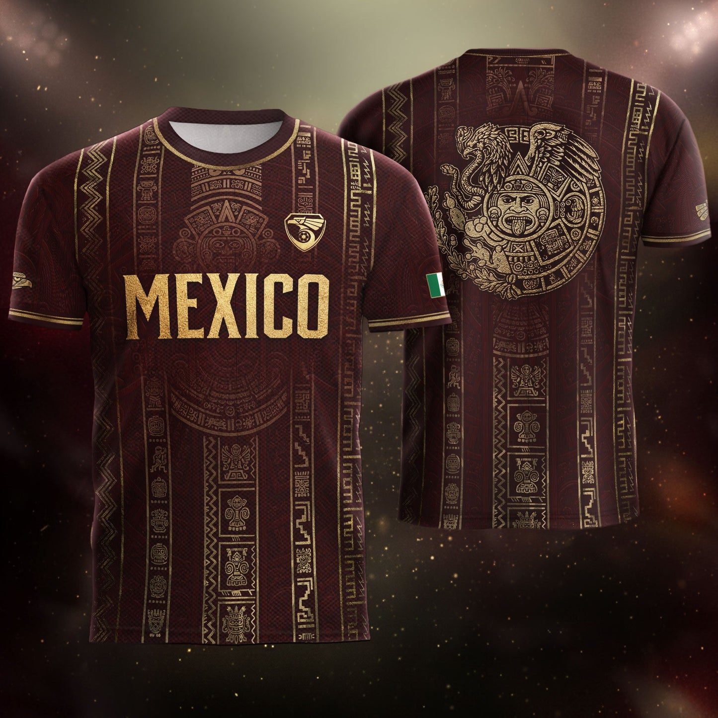 Mexico Soccer Jersey - Maroon & Gold Aztec Sun Stone Heritage Football Shirt