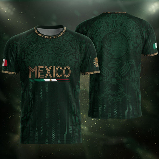 Mexico Soccer Jersey Green Gold Aztec Calendar Mexican Football Shirt Tee