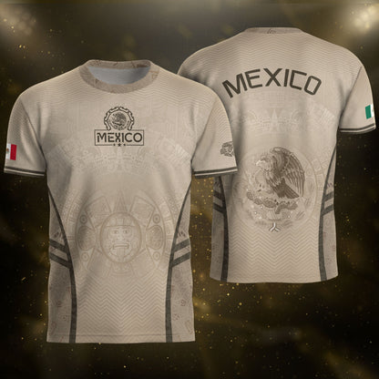 Mexico Soccer Jersey Aztec Eagle Sun Calendar Beige Tan Football Shirt for Fans