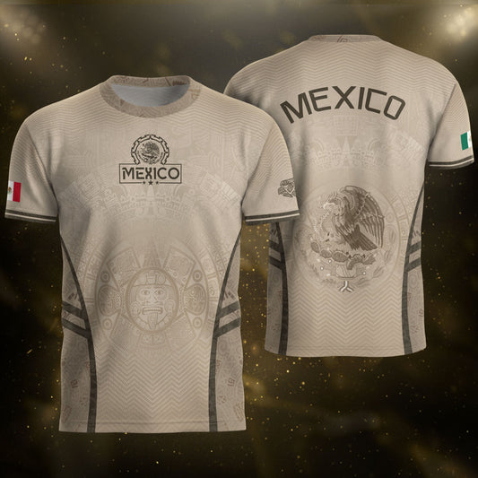 Mexico Soccer Jersey Aztec Eagle Sun Calendar Beige Tan Football Shirt for Fans