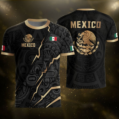 Black Mexico Soccer Jersey Aztec Calendar Design Gold Eagle Heritage Football Shirt