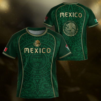 Mexico Kids Soccer Jersey Green Aztec Calendar Gold Youth Football Shirt Toddler Kit