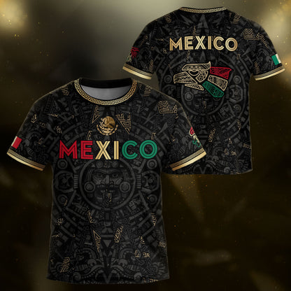 Mexico Kids Soccer Jersey Black Aztec Calendar Tricolor Gold Youth Football Shirt