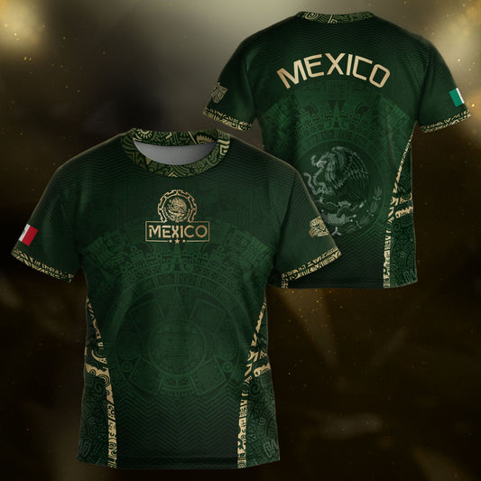Mexico Kids Soccer Jersey Youth Green Gold Aztec Calendar Eagle Heritage Football Shirt