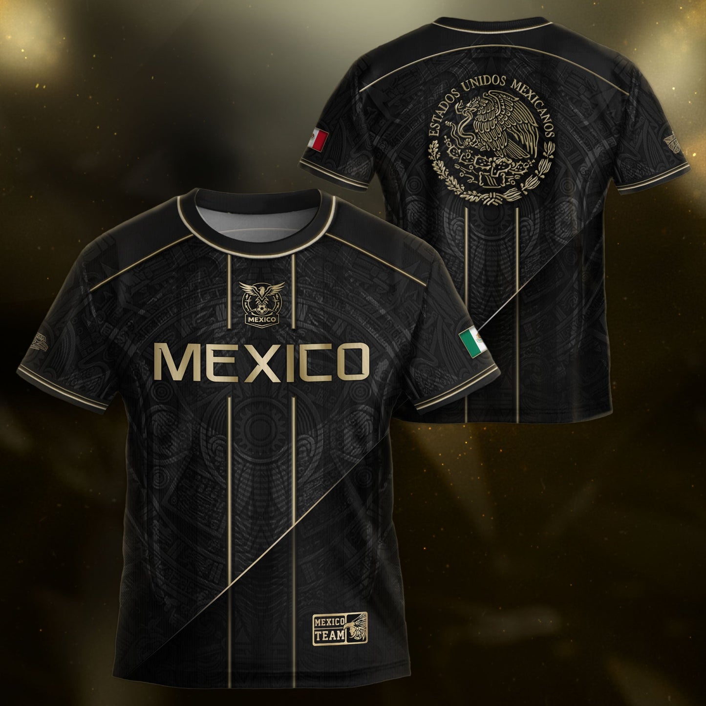 Mexico Youth Football Kit Black Gold Aztec Design Kids Soccer Uniform Elite Sportswear Top