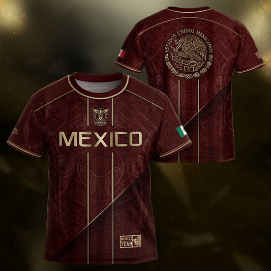 Mexico Football Fan Shirt with Maroon Gold Heritage Aztec Design, Retro Soccer Jersey Youth