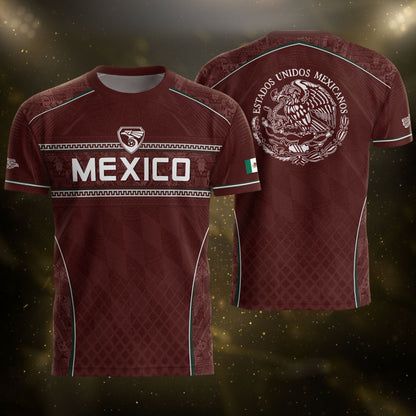 Maroon Mexico Soccer Jersey Aztec Coat of Arms Football Men Shirt Mexico Fan Tee