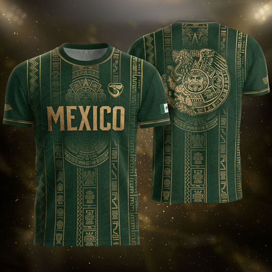 Mexico Soccer Jersey Men Green Gold Aztec Sun Stone Mexican Football Shirt
