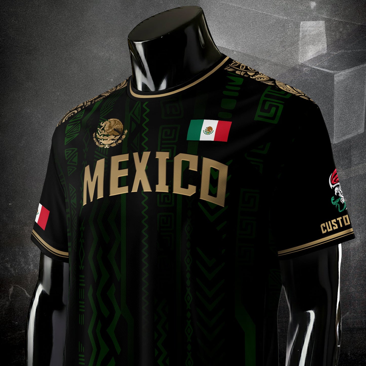 Custom Mexico Soccer Jersey Black Gold Aztec Pattern