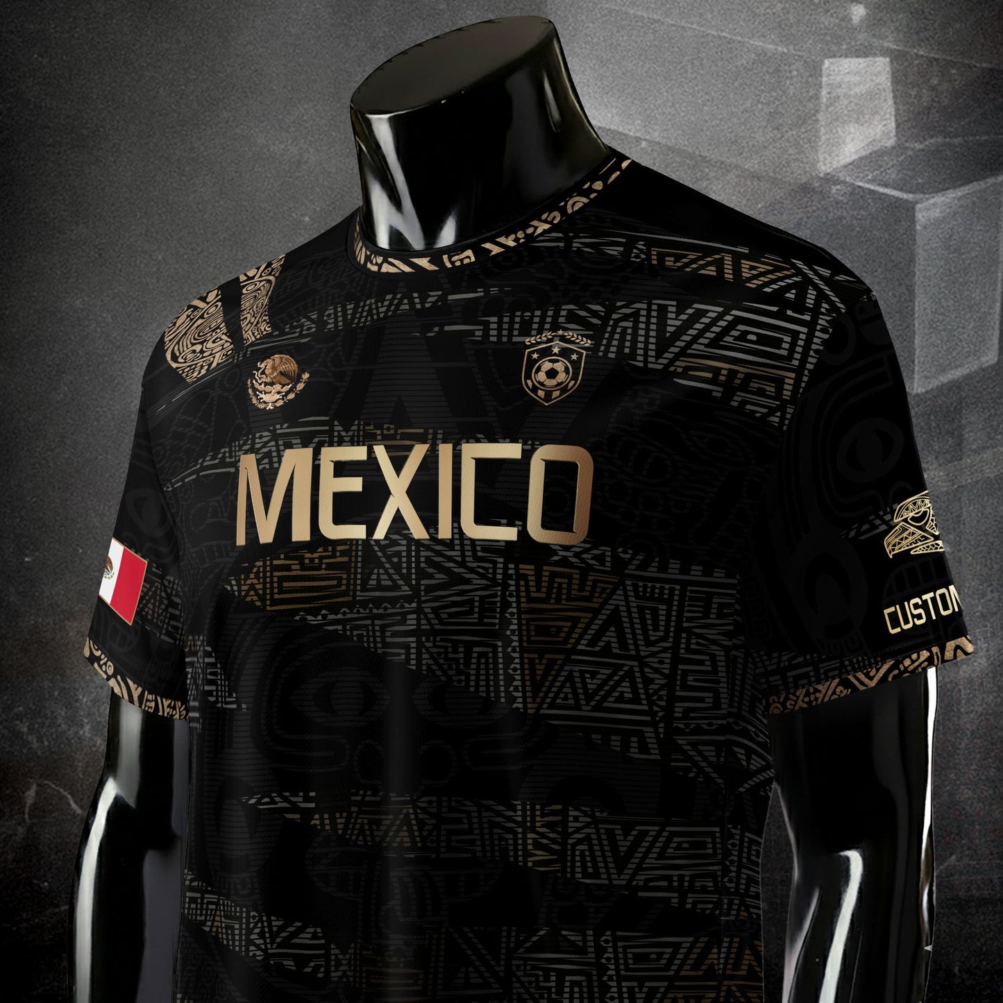 Custom Mexico Soccer Jersey Black Gold Aztec Design