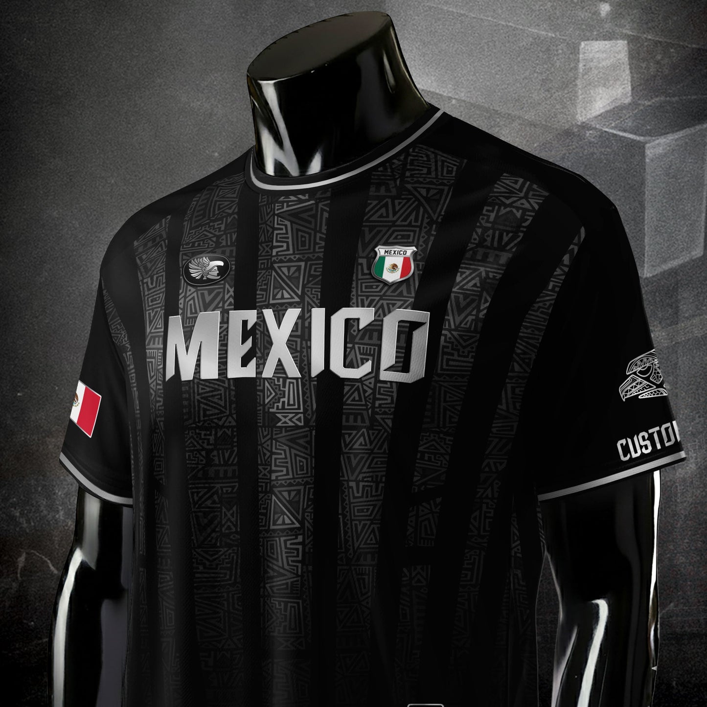 Custom Mexico Black Silver Aztec Pattern Soccer Jersey
