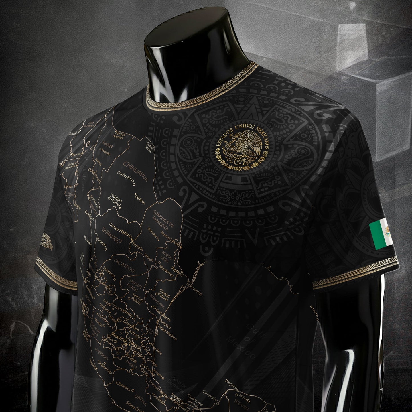 Mexico Soccer Jersey Black Aztec Sunstone Heritage Map Design