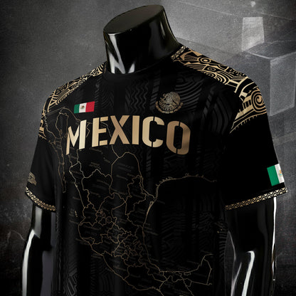 Mexico Black Heritage Map Soccer Jersey with Golden Aztec Details