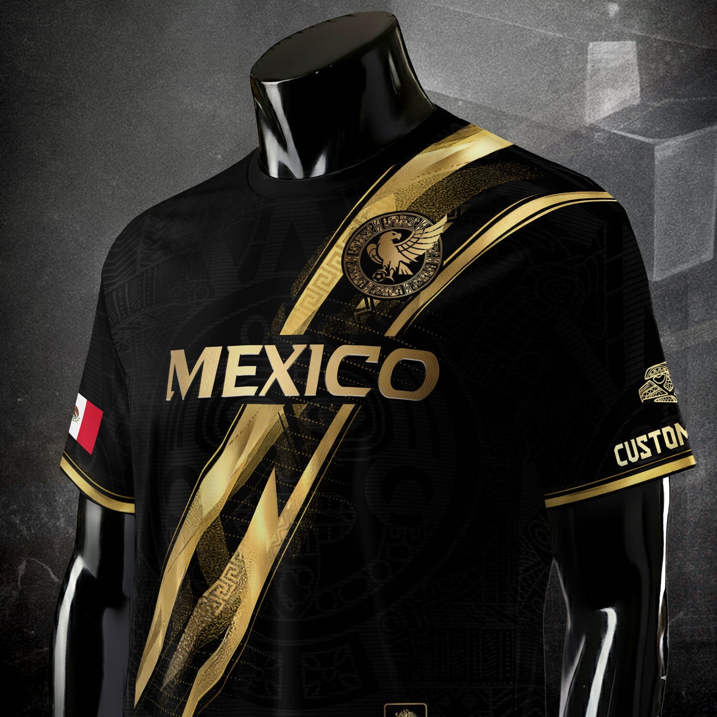 Custom Mexico Black Gold Soccer Jersey with Heritage Map Stripe Design