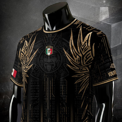 Custom Mexico Black Gold Aztec Warrior Wings Heritage Soccer Jersey