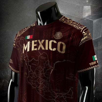 Custom Mexico Burgundy Soccer Jersey with Golden Aztec Map Design