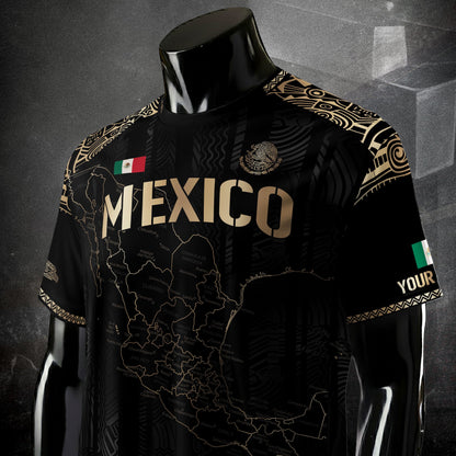 Custom Mexico Black Gold Soccer Jersey with Heritage Map and Aztec Details