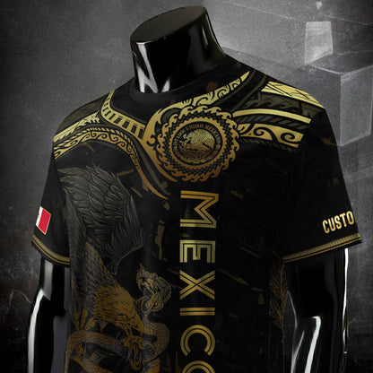 Custom Mexico Jersey Black Gold Eagle Serpent Aztec Design