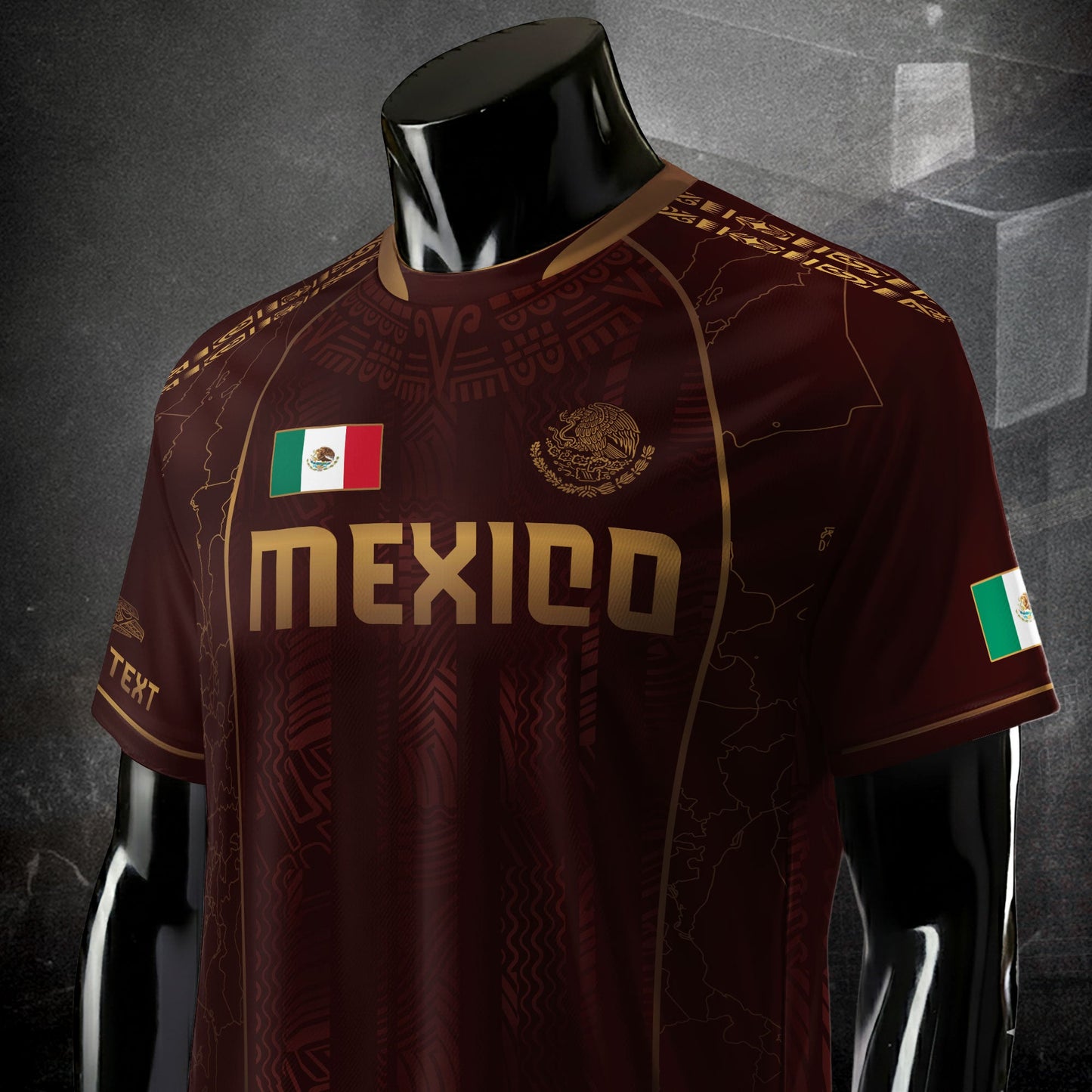 Custom Mexico Soccer Jersey Burgundy Gold Aztec Pattern Heritage Design
