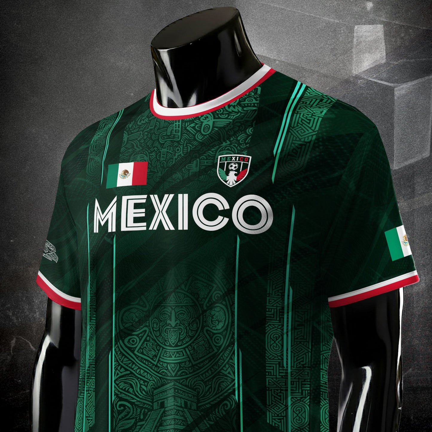 Mexico Soccer Jersey Green Aztec Calendar National Emblem Design