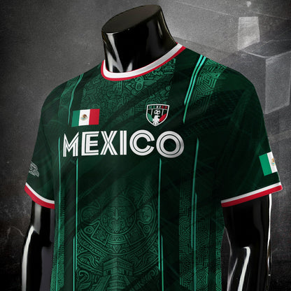 Mexico Soccer Jersey Green Aztec Calendar National Emblem Design