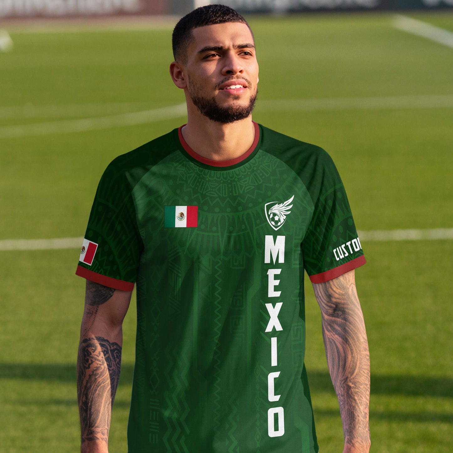 Custom Soccer Jersey Mexico Green Aztec Pattern Design