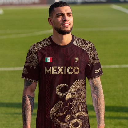 Custom Mexico Burgundy Eagle and Serpent Gold Soccer Jersey