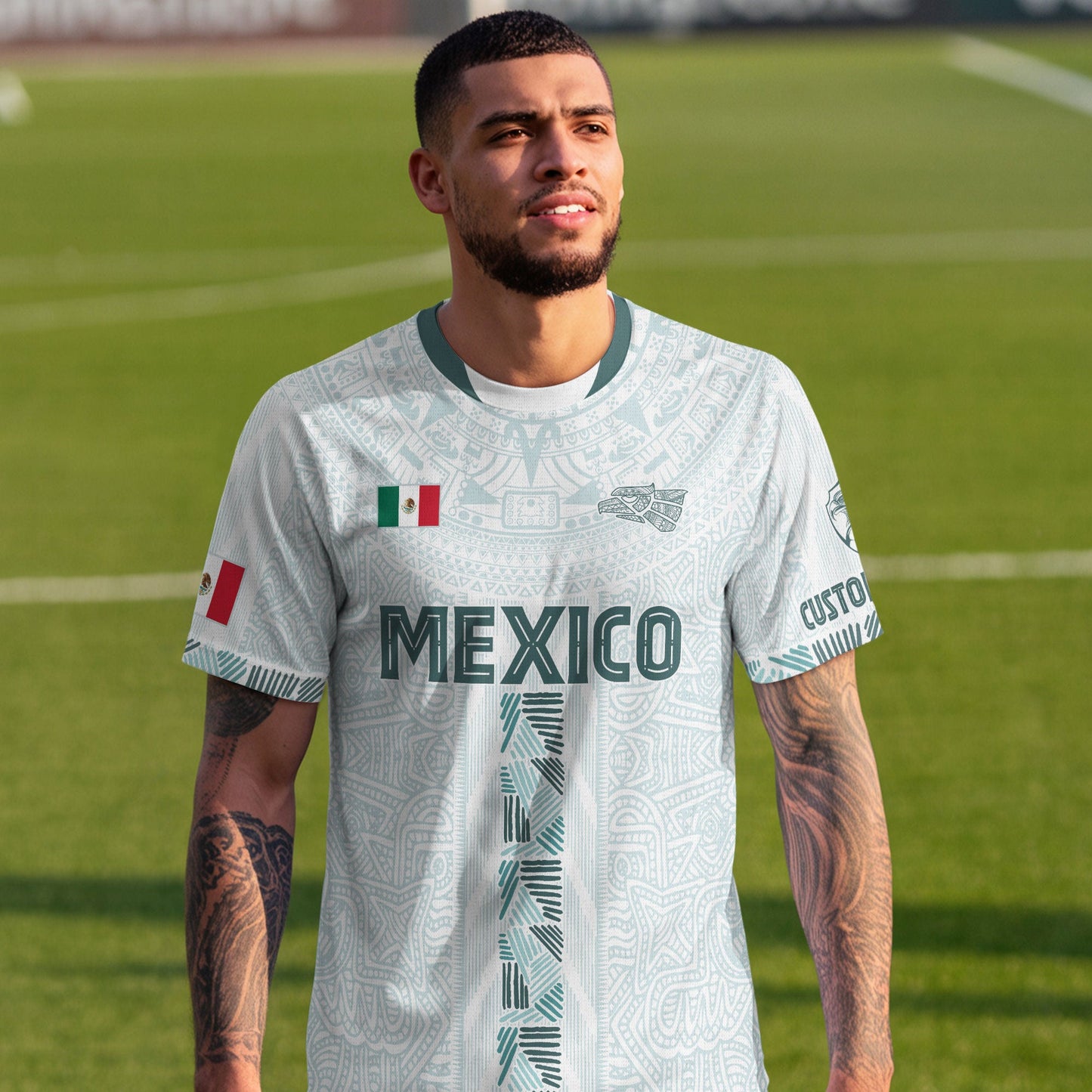 Custom Mexico White Aztec Calendar Design Soccer Jersey