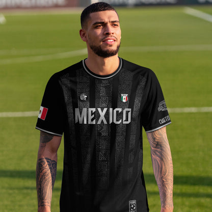 Custom Mexico Black Silver Aztec Pattern Soccer Jersey