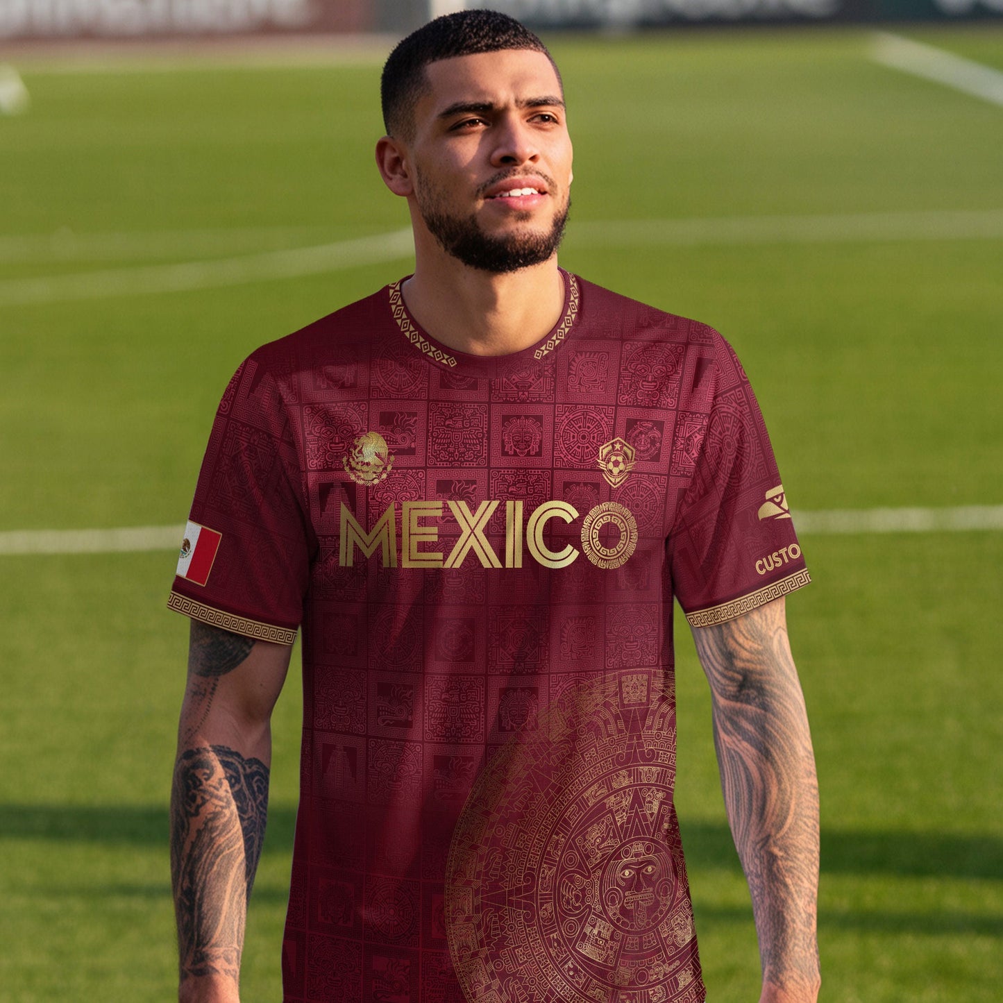 Custom Mexico Maroon Golden Aztec Calendar Soccer Jersey